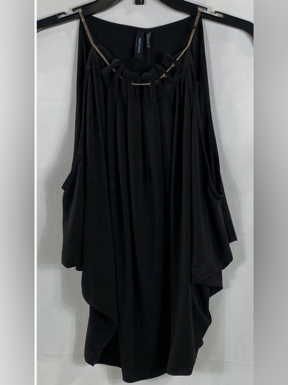 NWT. Marciano, XS, Black Draped Sleeveless Top with Gold Chain Detail